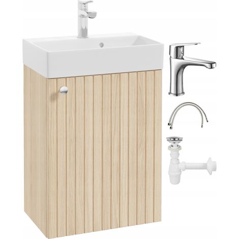 Mueble de baño suspendido con lavabo, roble Vicenza, con grifo y tirador cromado, 50x70cm, Kiara
