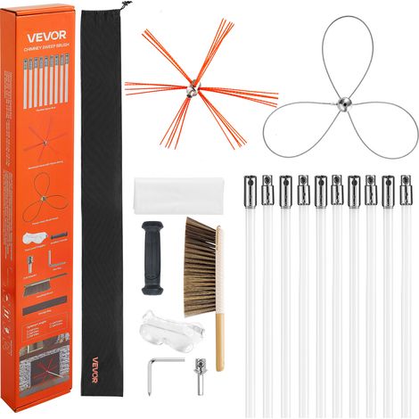 VEVOR Kit de Cepillo Limpieza de Chimenea, 2 Cabezales, 10 m Varilla Flexible de Nylon, Gafas, Bolsa, Deshollinador Durable Resistente Flexible a 90° para Chimeneas Cuadradas Rectangulares y Arqueadas (1/5)