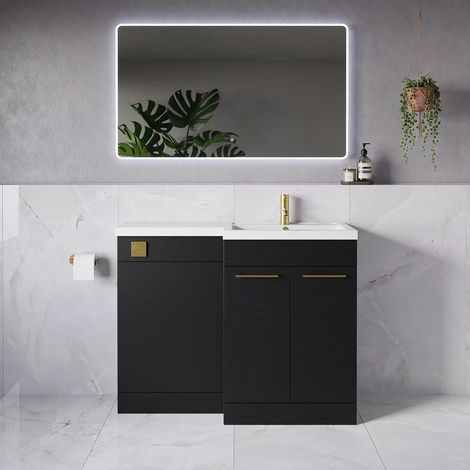 Napoli 390 Nero Oak 1100mm 2 Door Vanity Unit Toilet Suite with Square Right Hand Lucia Basin - 1100mm - Brushed Brass 160mm HandleWithout Kingston Toilet Pan