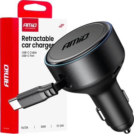 Cargador para coche con cable retráctil Tipo-C + USB-C 12V 24V 60W amio-04368 (1/5)