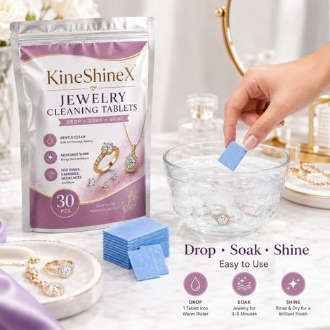 KineShineX Schmuckreinigungstabletten für Ringe, Ohrringe, Halsketten und anderen Schmuck: Weichen Sie die Stücke ein und reinigen Sie sie, um Flecken zu entfernen und den Glanz wiederherzustellen. (1/5)