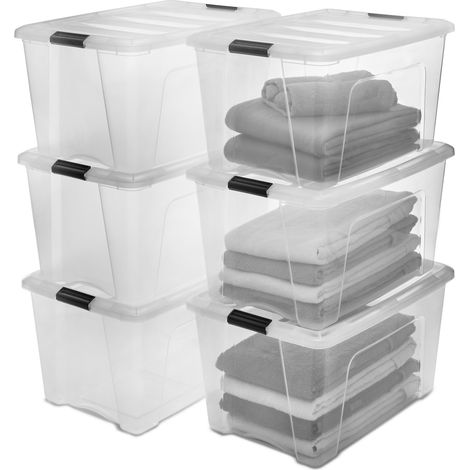 Iris Ohyama, Boites de Rangement Plastique avec Couvercle, 45L, Lot de 6, Transparent, DDNTB-45