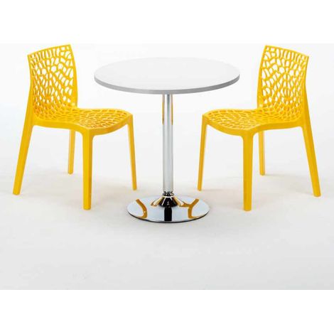 Tavolino Rotondo Bianco 70x70 cm con Base in Acciaio e 2 Sedie Colorate Gruvyer Island - Giallo (1/5)