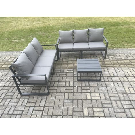 Fimous Aluminium 3 Pieces Garden Furniture Sofa Set with Cushions 6 Seater Outdoor Patio Set with Square Coffee Table Dark Grey (1/5)
