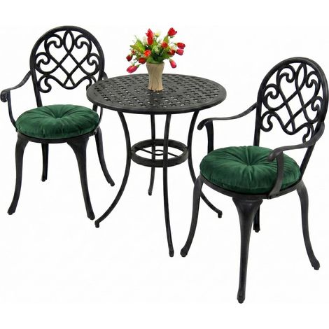 Homeology PREGO Garden & Patio Table & 2 Large Chairs with Armrests Cast Aluminium Bistro Set - Black (1/5)