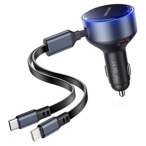 Cargador de Coche Vention FFOB0/ 1xUSB Tipo-C Macho/ 1xUSB Tipo-C hembra/ 1xLightning Macho/ 30W