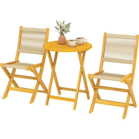 3-teiliges Gartenbistro-Set: Runder Tisch & 2 klappbare Boho-Stühle, Akazienholz, Natur-PP-Seil