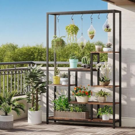Support à plantes de 180 cm pour bonsaïs et fleurs, avec 6 crochets en S, en métal, pour jardin ou extérieur. (1/5)