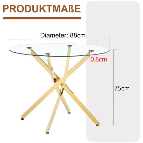 Table à manger ronde en verre pour 4 personnes – Diamètre 88 cm, pieds métal doré, pour salon, cuisine ou salle à manger – Élégance lumineuse (1/5)