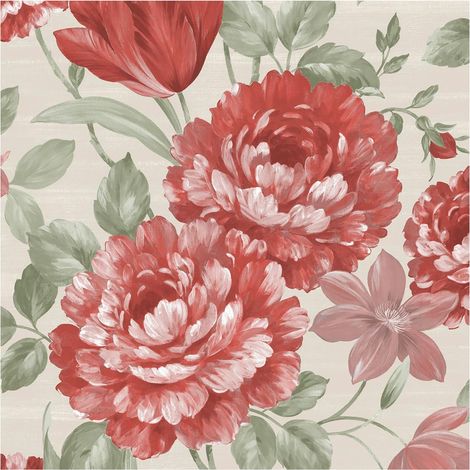 Fayre Floral Wallpaper Red Cream Green Botanical Textured Vinyl 10m Roll (1/4)