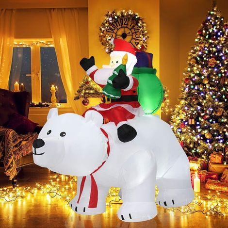 COSTWAY 2M Père Noël Gonflable sur l'Ours Polaire Blanc Tête Oscillante avec Ventilateur et Lumière LED Décoration de Noël Gonflable (1/5)