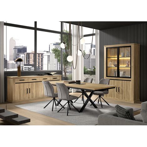 Altobuy – Séjour complet table allongeable 190/250 x 100 x H80cm – Piètement métal noir – Aspect bois chêne clair – Buffet et argentier inclus (1/5)