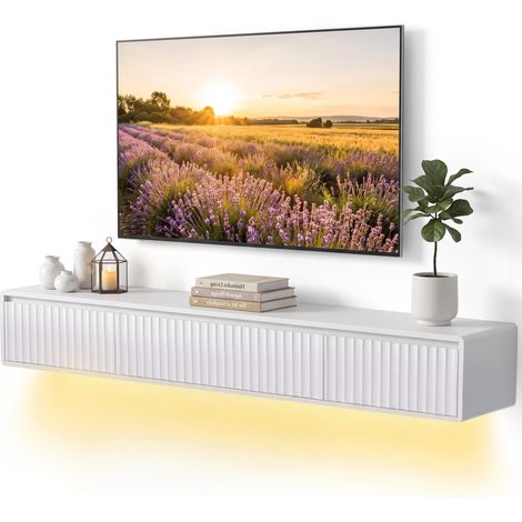 Meuble TV Suspendu Flottant 160 cm Éclairage LED et Prises Blanc (1/5)