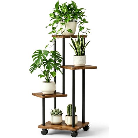 Support pour Plantes Intérieur, 4 Niveaux Étagère pour Plantes à 4 Roues en Métal et Bois Porte Plante pour Plusieurs Plantes Support Pot de Fleur pour Terrasse, Jardin, Balcon, Salon (1/5)
