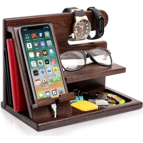 Schreibtisch-Organizer aus Holz für Herren, Uhrenständer, Münzfachhalter als Geburtstagsgeschenk für Männer (Braun)