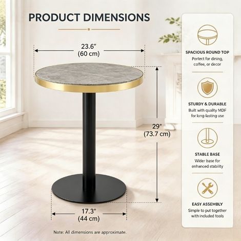 Table d'appoint ronde moderne, plateau effet marbre avec bordure dorée, structure métallique robuste noire et dorée, idéale comme table basse, table de chevet ou table de balcon. (1/4)