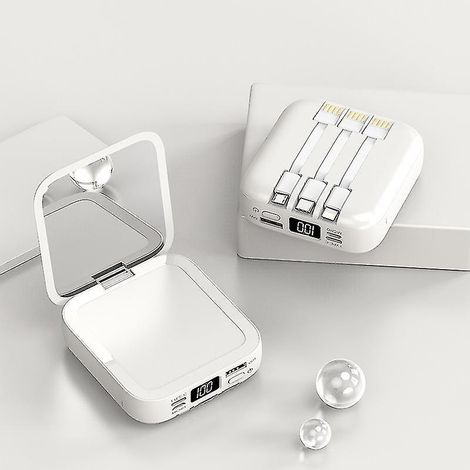 Mini batterie externe portable 20 000 mAh avec miroir de maquillage et affichage LED numérique, pour téléphones portables (blanc). (1/4)