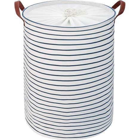 18-Inches Grand Organiser Paniers pour Vêtements Stockage, Cordon Paniers à Linge, Pliable Sac à Linge, Pliage Grande Capacité Corbeilles à Linge (Bleu Rayure, M) (1/5)