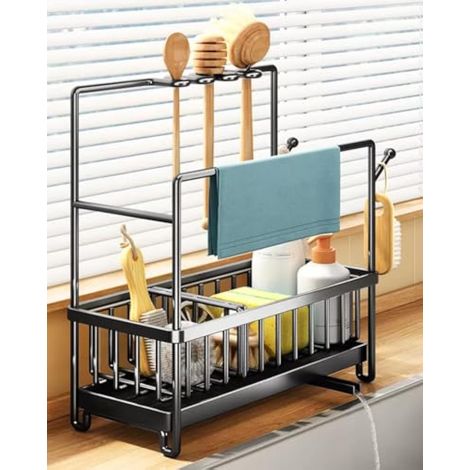 NICOLA Organisateur d'évier égouttoir de cuisine en avec bac d'évacuation amovible et séparateurs porte chiffons à brosses inoxydable Acier (1/5)