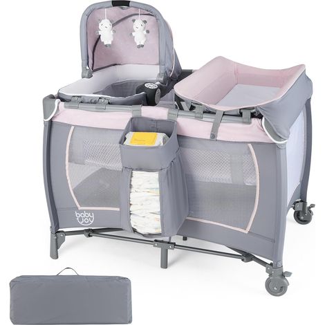 COSTWAY 5 in 1 Lettino da Campeggio Bambini, con Fasciatoio Materasso, Box Portatile con Culla a Dondolo, Barra Giochi, Scatola Musicale e Borsa da Viaggio, per Bambini 0-36 Mesi (Rosa)