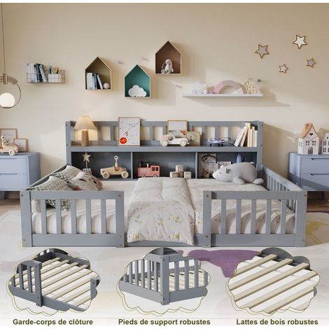 Cama infantil 140x200 cm con 4 estanterías y somier, Cama doble 140x200 cm, Cama baja infantil, Barrera de seguridad, Pino macizo (1/5)