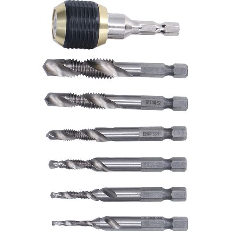 Satz mit 7 HSS-Gewindebohrern (Hochleistungsschnellstahl), 1/4"-Sechskantschaft, zum Gewindeschneiden, silberfarben (1/5)