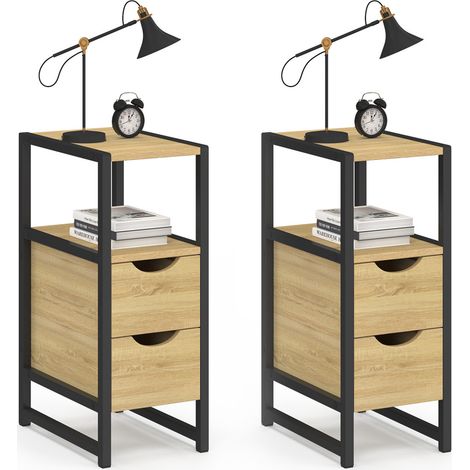Idmarket – Lot de 2 tables de chevet bois et métal noir – 2 tiroirs et 1 niche – Style industriel – Dimensions 20x30x50 cm (1/5)