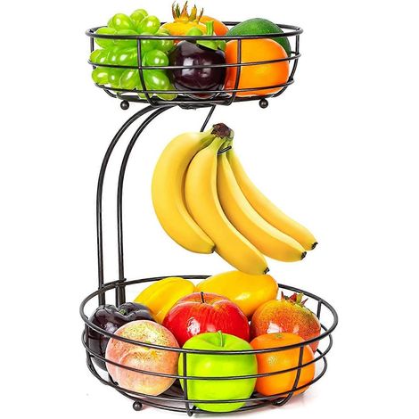 Corbeille à fruits, coupe à fruits à 2 étages avec banane, cuisine, bols en métal parfaits pour contenir fruits, légumes, collations, cupcakes (1/5)