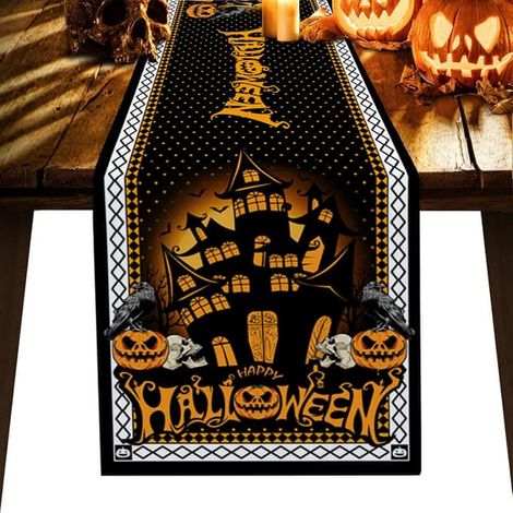 Nappe en coton et lin, motif maison hantée d'Halloween, citrouille et crâne, antidérapante, idéale pour les dîners de famille, les banquets et les fêtes. Coloris noir et orange. (1/5)