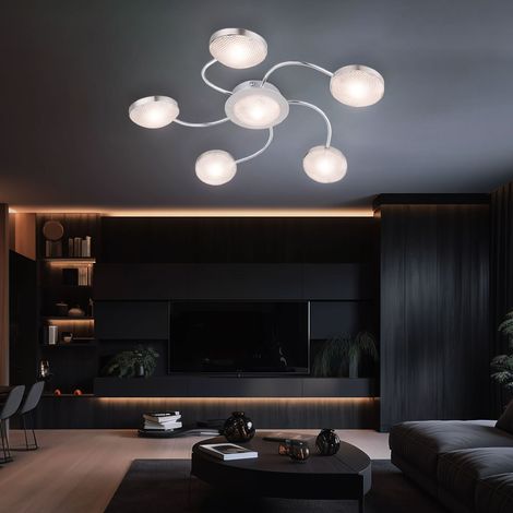 Plafonnier LED 6 ampoules spot de plafond nickel chrome mat plafonnier en aluminium, 5 bras, 6x LED 345lm blanc chaud, 43x6cm, salon couloir chambre couloir (1/5)