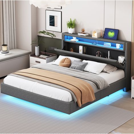 Polsterbett 160/200 cm grau aus Leinenstoff mit USB, LED und klappbarem Kopfteil (1/5)