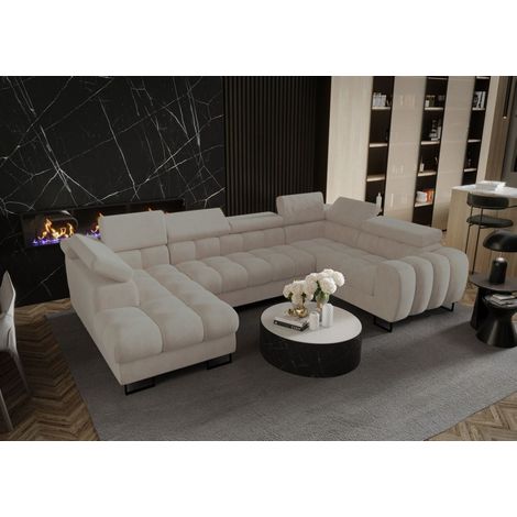 Wohnlandschaft Schlafsofa BASTIEN in Stoff Terra Beige Ottomane Links