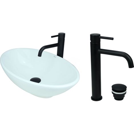 GTM Design Aufsatzwaschbecken 53 cm Glanz Set mit Waschtischbatterie und Stopfen - Aufsatzwaschbecken Oval für Badezimmer - Modernes Waschbecken ohne Hahnloch - Waschbecken mit Armature (1/5)