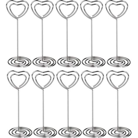 Lot de 10 Porte-cartes, Coeur, Acier inoxydable, Base spirale 3,2cm, Hauteur 8,5cm, Photo 10x15cm, Mariage Bureau (1/5)