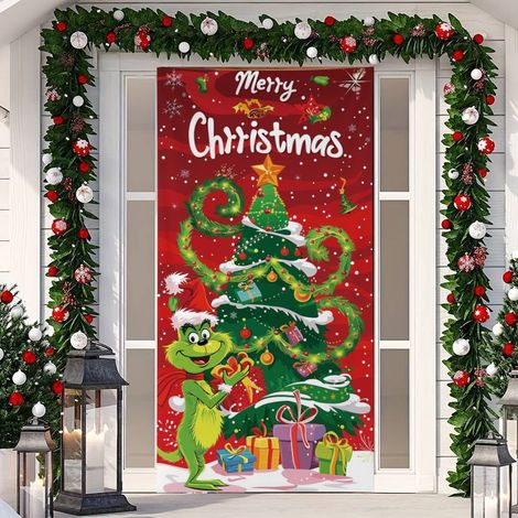 Décoration de porte Grinch vert, rideau de porte suspendu, bannière - 90 x 180 cm (œillets + ruban) - Style 18