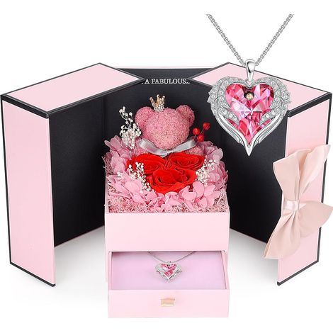 Cadeau Femme Rose Éternelle Fleurs Ours Boite, Roses Préservées avec Collier, Ours en Rose Coffret Cadeaux pour la Fete des Meres Anniversaire Mariage Saint-Valentin (1/5)