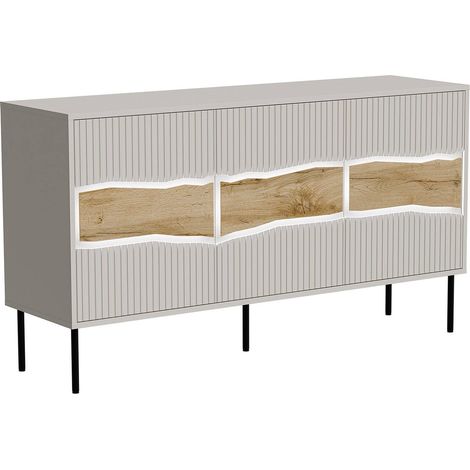 Buffet Saliceto, buffet de salon à trois portes battantes et compartiments intérieurs, surélevé du sol, 144x40 h80 cm, beige et nœuds en chêne (1/5)