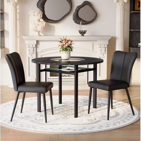 Table à manger ronde 100 cm avec 2 chaises en cuir régénéré noir, plateau MDF effet bois noir, insert verre et pieds métal réglables CHICFURN (1/5)