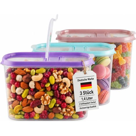 Lot de 3 boîtes en vrac pour céréales - Cornflakes - Boîtes de conservation pour aliments - 2 couvercles à charnière - Empilables - Passe au lave-vaisselle (3, 1,4 l - Mix) (1/5)