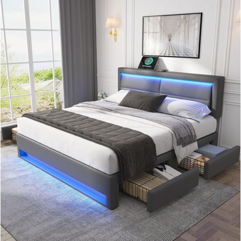 Polsterbett 140/200 cm grau aus PU mit LED, USB-Ladefunktion und 4 Schubladen (1/5)