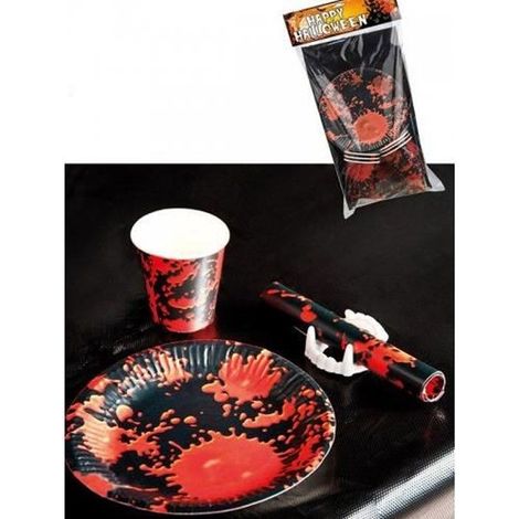 Ensemble de décoration de table universel pour 6 personnes : nappe noire tachée de sang, assiettes et tasses (thème horreur)