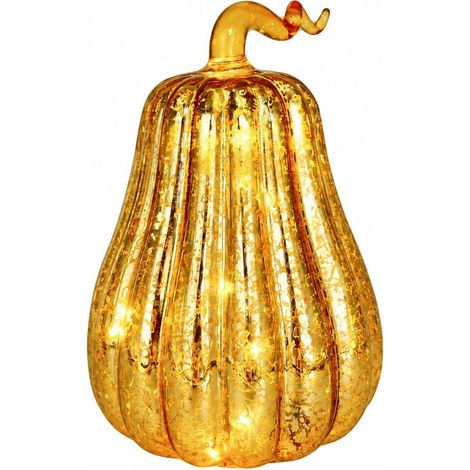 Lanterne citrouille en verre LED, décoration d'Halloween, vitrail, lumière chaude, minuterie 6 h, couleur champagne doré bouclé, 15 x 22 cm (1/5)