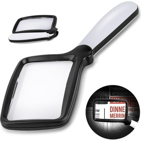 Folding Reading Magnifying Glass with Light, Large Rectangle 3X Magnifying Glass with Dimmable LED Light for Seniors with Macular Degeneration, Newspapers, Books, Small Prints (Black, 3X) (1/5)