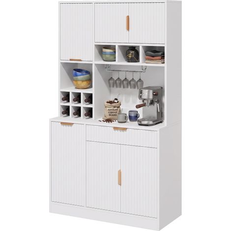 FurnitureR White Tall Sideboard, 100 × 40 × 175 cm Kitchen Bar Cabinet with Wine Bottle Storage, Glass Rack, Adjustable Shelves, Sockets and USB Ports (1/5)