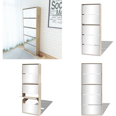 Schuhschrank mit 5 Fächern Spiegel Eiche 63x17x169,5 cm - Spiegel-Schuhschrank - Schuhschrank - Eichenholz - Garderobe - Flurumgebung - Home & Living (1/5)