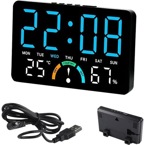 Bobypet - Horloge murale numérique LED avec alarme, affichage de la température, date, jour de la semaine, réglage de la luminosité, facile à utiliser, 16 x 10 x 3,4 cm, fonctionne sur piles, horlo...