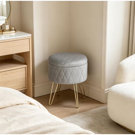 Pouf contenitore 31.5x31.5x36 cm grigio chiaro in velluto e metallo con vano portaoggetti (1/5)
