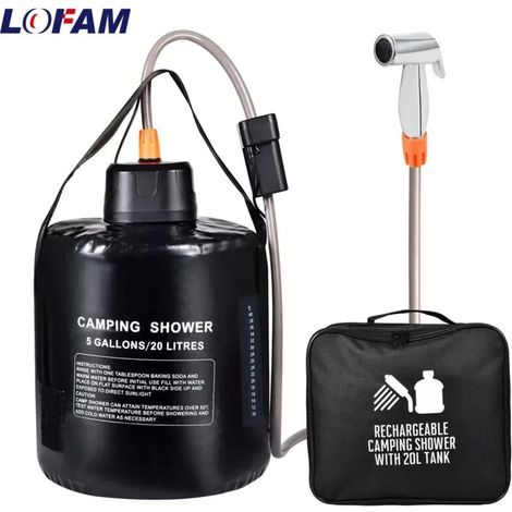 Douche de camping portable avec sac chauffant solaire de 20 L et pompe électrique rechargeable pour arroser les fleurs, faire de la randonnée, se baigner à la plage et laver son chien. (1/4)