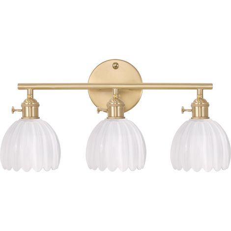 Luminaires de salle de bain, Applique murale 3 lumières en laiton pour miroir avec abat-jour tulipe blanc, ampoules non incluses (1/5)