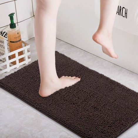 Tapis De Bain - Microfibre Chenille - 60 x 40 cm - Marron - Antidérapant - Lot De 1 (1/5)